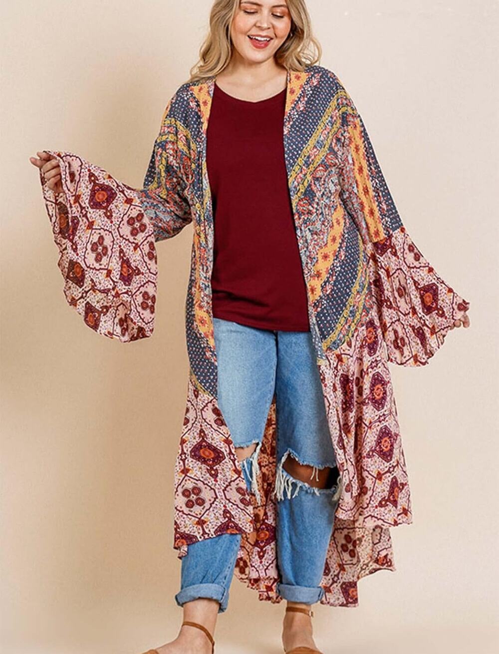Umgee Long Ruffle Flowy Open Kimono Robe Boho Paisley Floral Womens Plus 1XL New